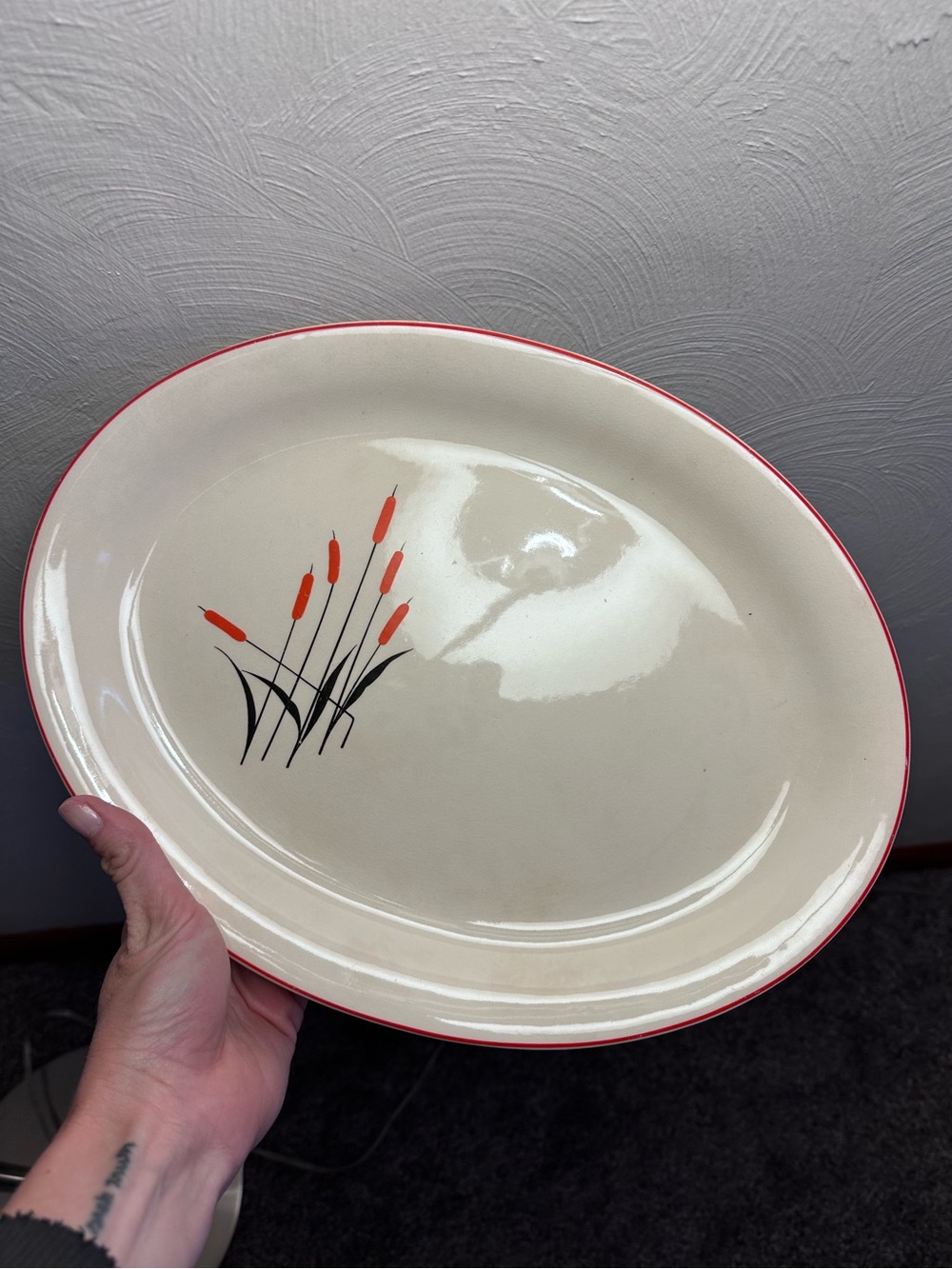Vintage Sears Roebuck Cream and Red Vintage Cattail Serving Platter